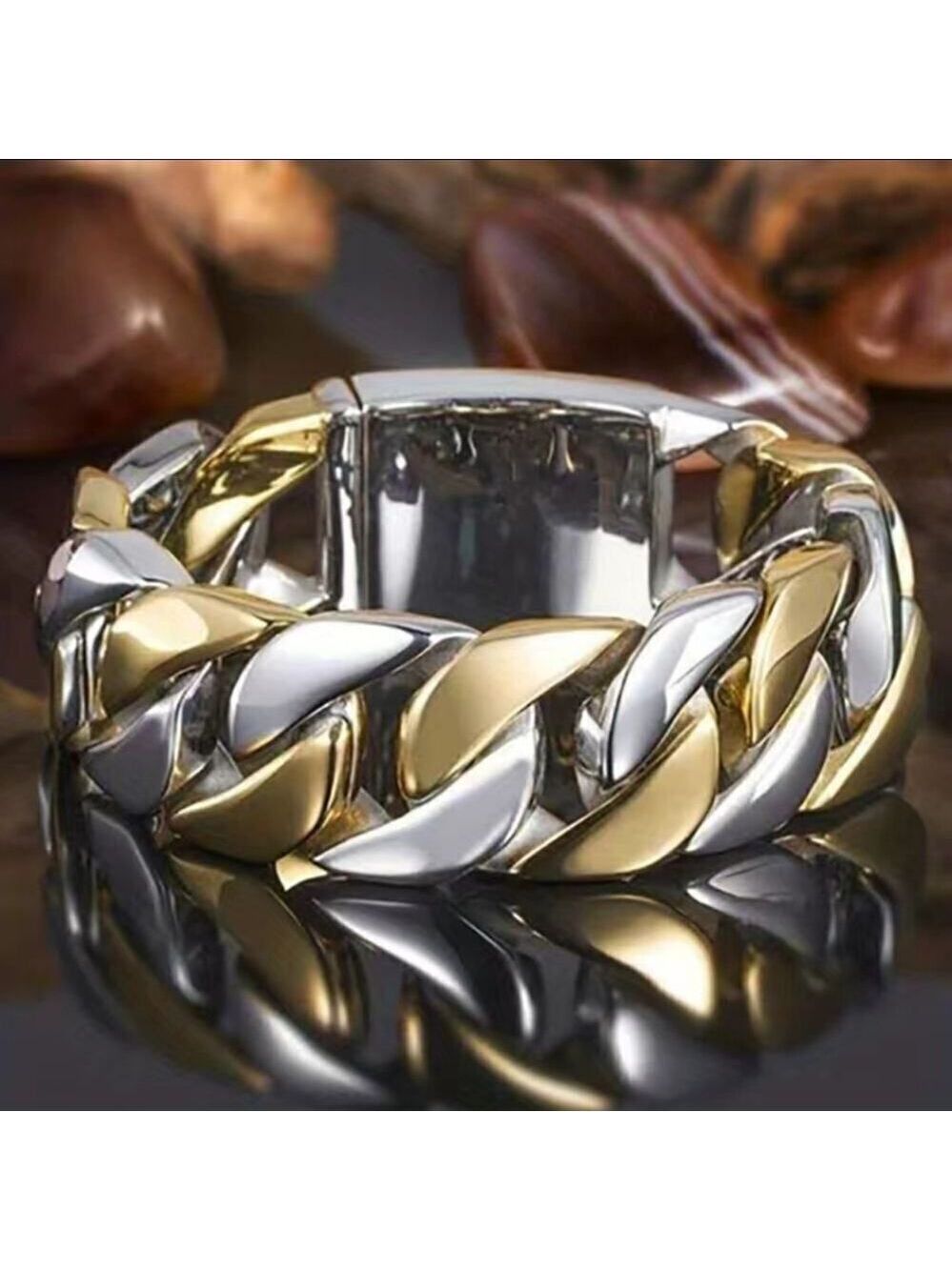 Gold and Silver Tone Braided Chain Ring 7mm Wide Cuban Link Chain Ring
